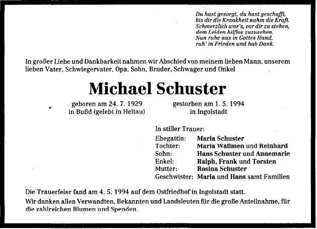 Schuster Michael 1929-1994 Todesanzeige